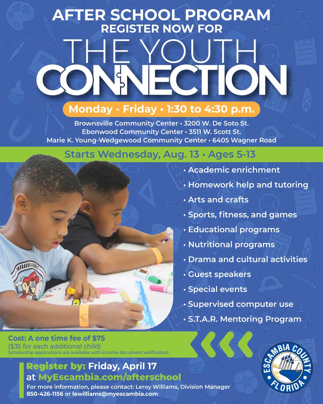 After School Program flyer for The Youth Connection with schedule, locations, activities, and registration details.